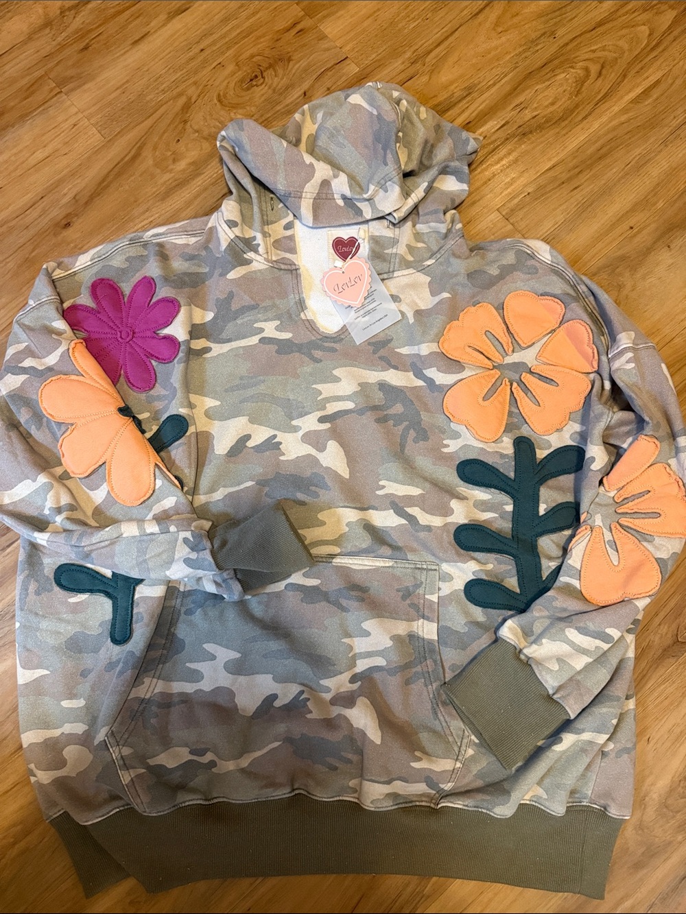 NWT Camouflage Floral Appliqué Hoodie - Pink & Orange Ferry Terry
